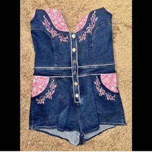 Pink and Blue Women's Denim Jumpsuit